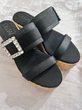 NWOB $99 Deltan - Black Rhinestone Buckle Raffia Platform Wedge Sandals